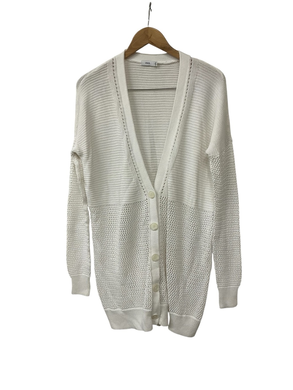 Vince White Open Knit Long Boyfriend Cardigan Sweater L